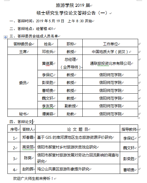 旅游學(xué)院2019屆碩士研究生學(xué)位論文答辯公告